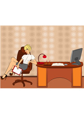 Beautiful business women sits in a chair in office.