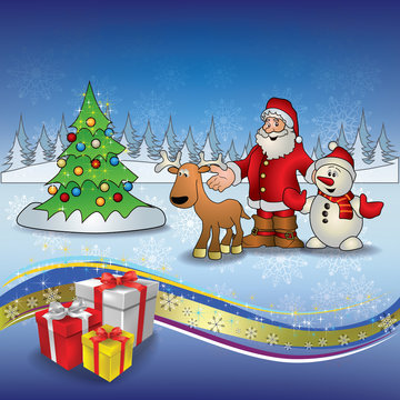 Christmas blue greeting with Santa deer snowmen and tree