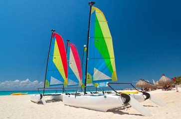 Fototapeta premium Colorful sail catamarans on the Caribbean beach