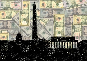 Grunge Washington DC skyline with American dollars illustration
