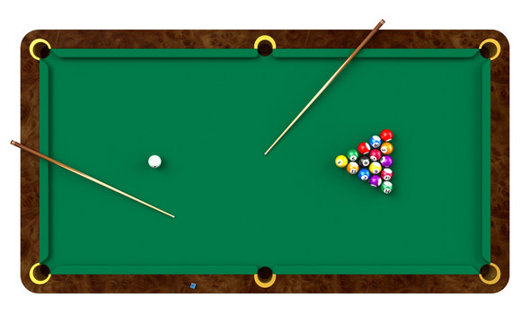 Billiard table with balls and cues