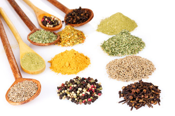 spices in the spoons isolated on white
