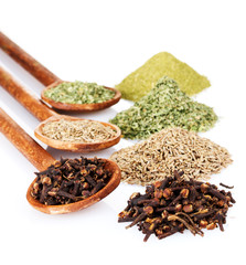 spices in the spoons isolated on white