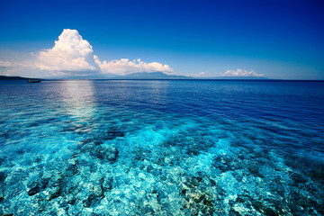 Blue shallow sea with coral reef and fluffy clouds on the horizon