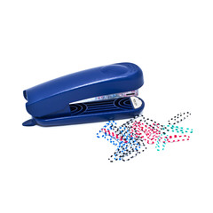 Paper clips and stapler isolated on white