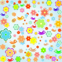 Abwaschbare Fototapete bunter Vogel mit abstraktem Hintergrund der Frühlingsblume © fotoscool