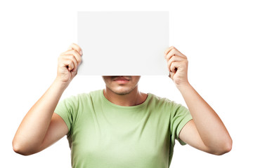 young man holding a blank billboard isolated on white background