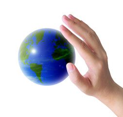 world and women hand on white background