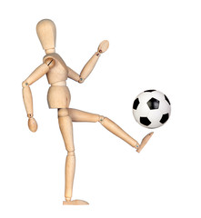 Wooden mannequin with a soccer ball