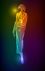 Hand-drawn fashion model from a neon. Vector illustration. A lig