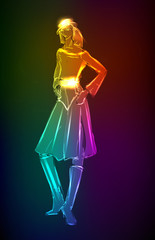 Hand-drawn fashion model from a neon. Vector illustration. A lig