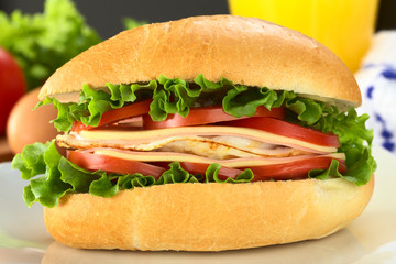 Sandwich with lettuce, tomato, ham, cheese, fried egg