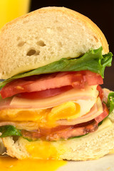 Sandwich with lettuce, tomato, cheese, ham, fried egg