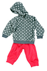 gray hooded sweater children's polka dot pants with red