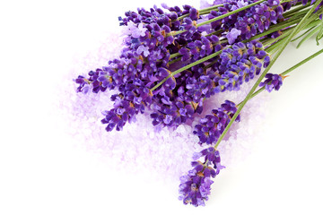 Lavender flowers and pink bath salts