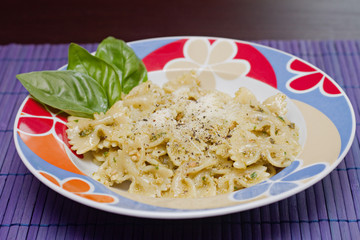 Pasta with Italian pesto sauce with basil