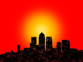 Fototapeta na wymiar Grunge London Docklands skyline sunset illustration