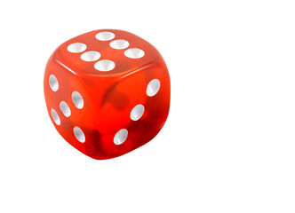 The classic red dice, isolated on white.