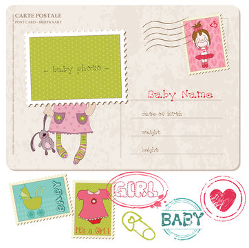 Baby Girl Greeting Postcard with place for your photo and text-