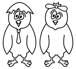 Boy and girl sign. Funny cartoon chickens, vector illustration.