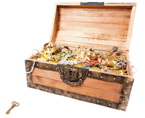 treasure chest with key isolated on white
