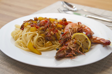 Tiger prawns with pasta
