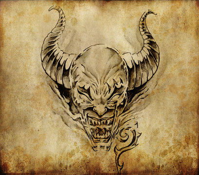 Tattoo art, sketch of a devil over vintage background