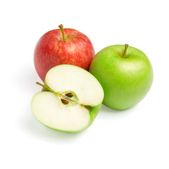 Green and red apples with slice isolated on white