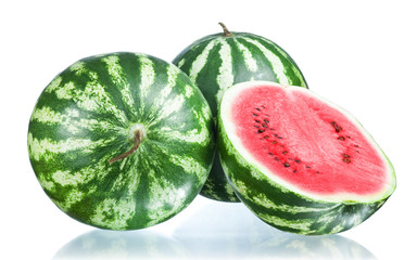 Two Whole watermelon and half isolated  on a white background