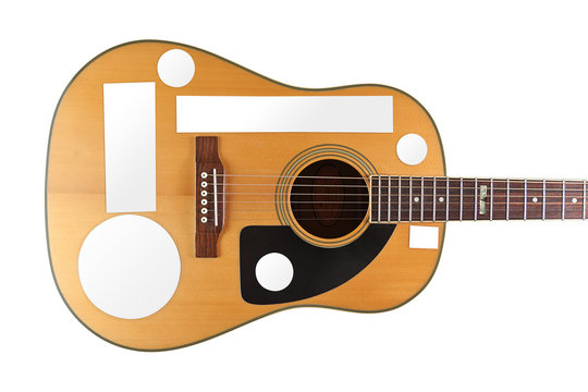 Acoustic guitar on white with blank stickers - clipping paths
