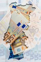 Outline map of Portugal with transparent euro banknotes in backg