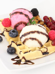 Waffle with vanilla and strawberry ice cream
