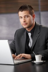 Handsome businessman working on laptop