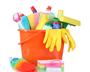detergent bottles, brushes, gloves and sponges in bucket