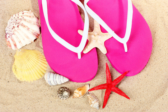 beach shoes, shells and starfish on sand