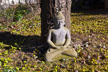 stone buddha meditation in front of a cherry tree