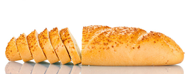 tasty sliced bread with sesame seeds isolated on white
