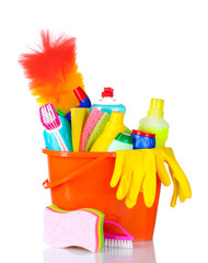detergent bottles, brushes, gloves and sponges in bucket