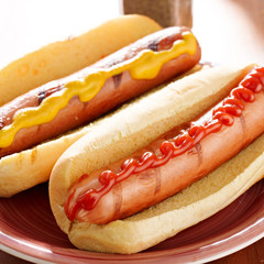 two hotdogs on a plate with ketchup and mustard.