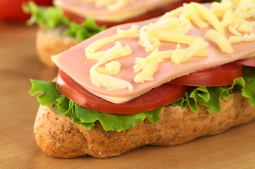 Open sandwich with lettuce, tomato, cheese, ham