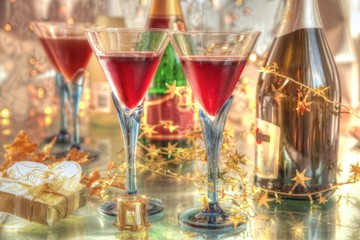 Red wine in glasses on silver background.