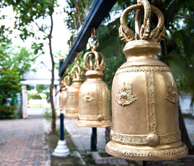 Fototapeta premium A close up row of bell in buddisht temple.