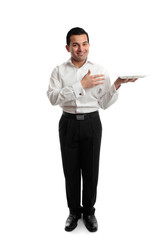 Waiter or servant holding a white plate