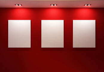 Gallery Interior with empty frames on red wall