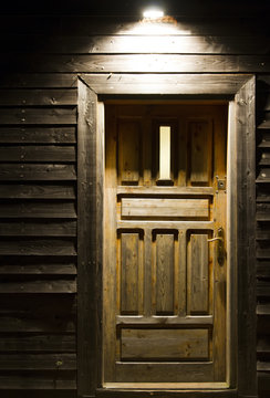 wooden door in night