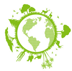 Green ecology planet vector background with trees around globe