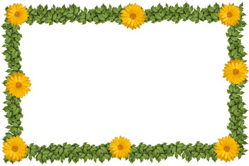 Green plant frame with flowers, on white