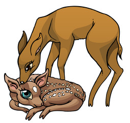 Cartoon baby deer with mother