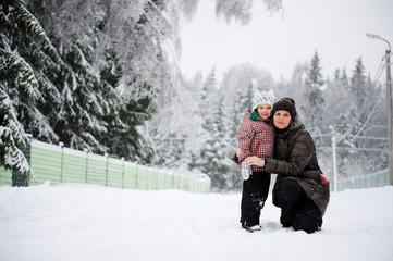 Fototapeta na wymiar Winter portrait of young mother and daughter