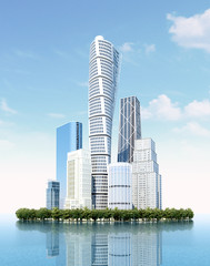 Business center island with high-rise skyscrapers buildings